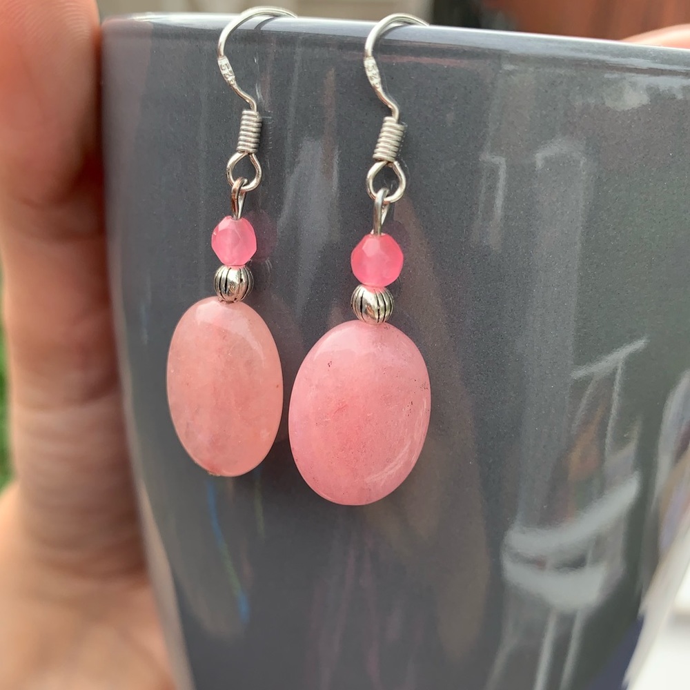 Pink jade gemstone silver earrings